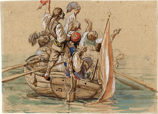Men in Costume on a Rowboat in Venice 